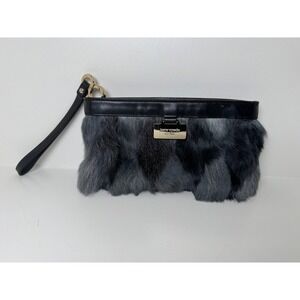 Kate Spade New‎ York Black Leather Grey Fur Wristlet Clutch Bag